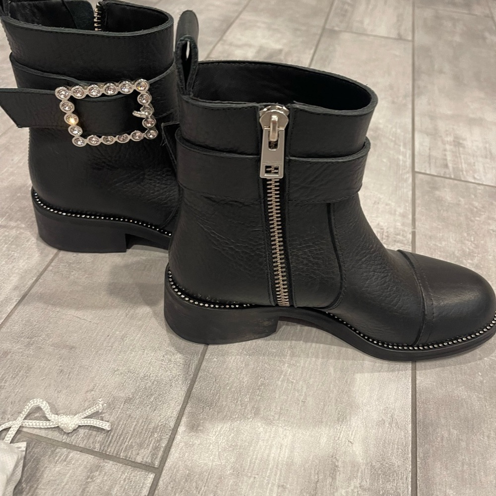 Zadig & Voltaire Leather Crystal Embellishment Moto Boots  size 6 - Picture 4 of 11